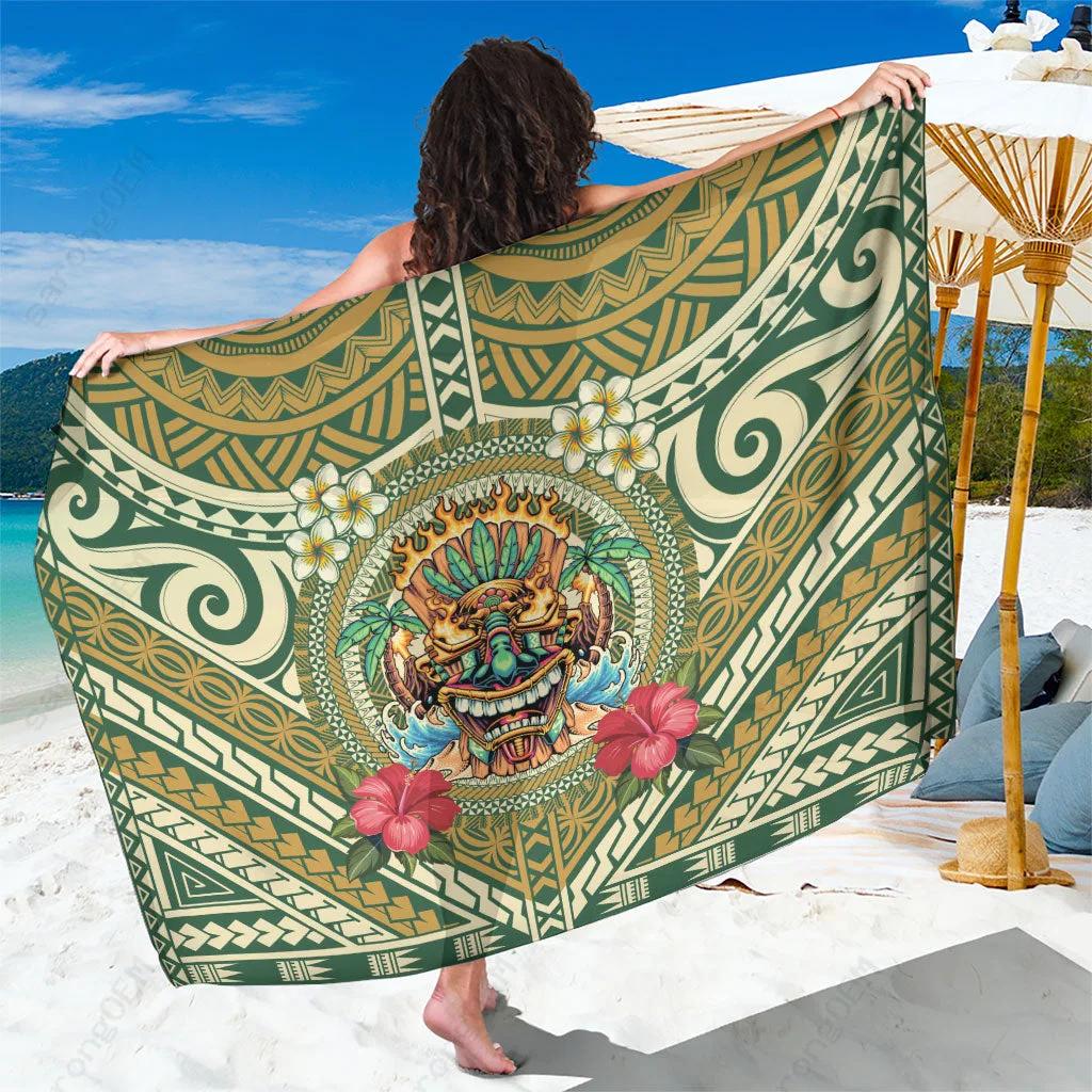 Black Hawaii Tiki Mask Palm Leaf Print Sarong Polynesian Beach Wrap for Resort Wholesale Pareo - main view