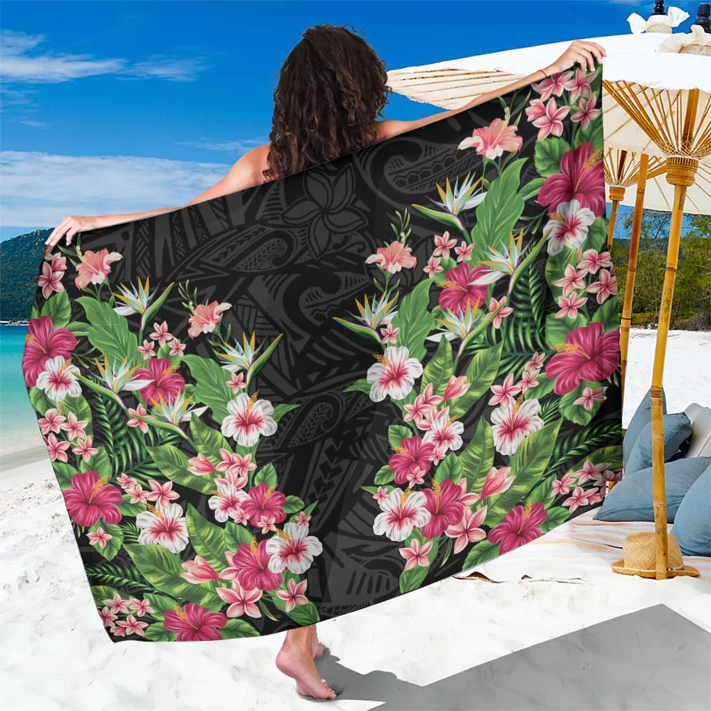Hawaii Tropical Flowers Sarong Black Polynesian Tattoo Art - main view