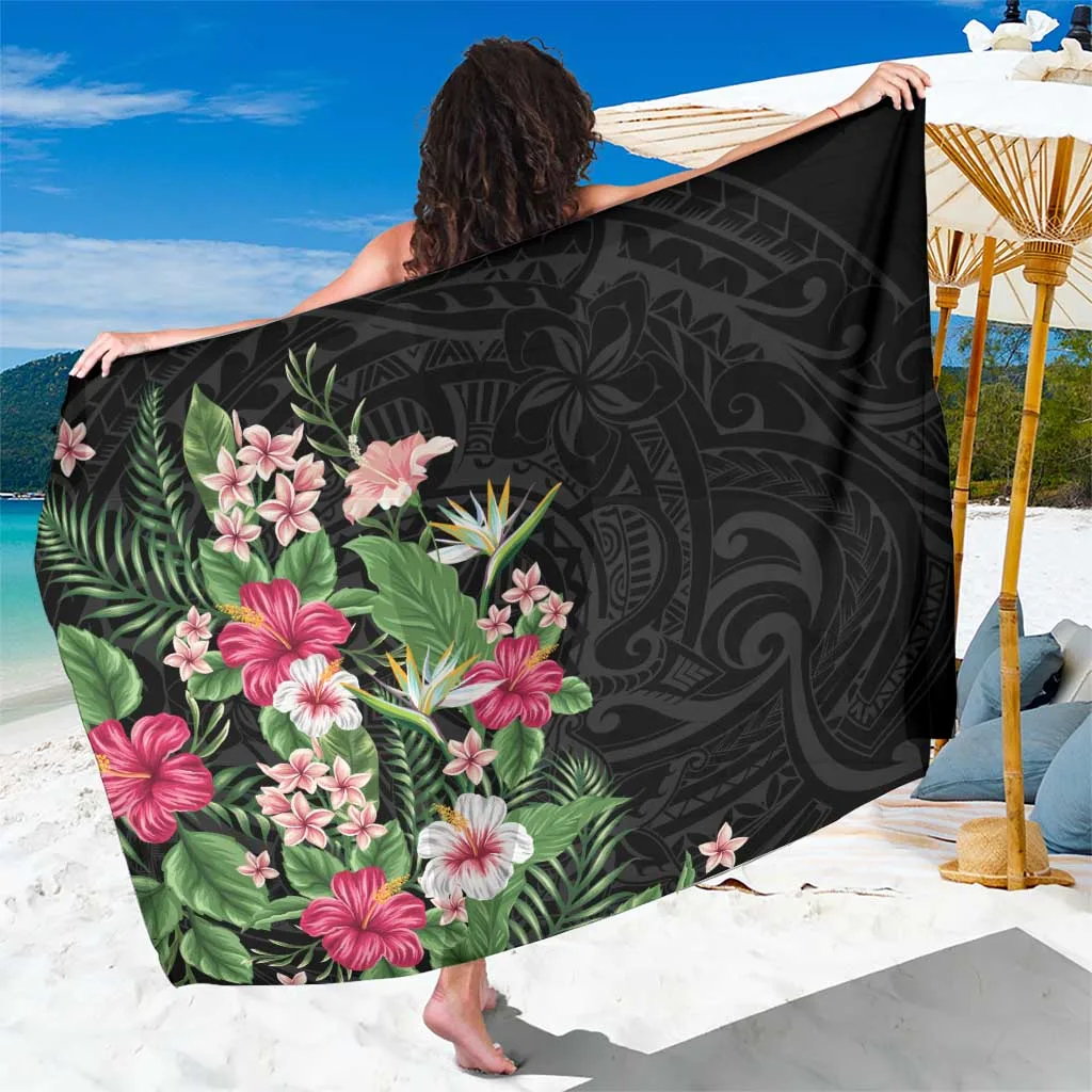 Black Hawaii Tropical Flowers Polynesian Tattoo Print Sarong Beach Wrap Resort Cover Up Wholesale Pareo - main view