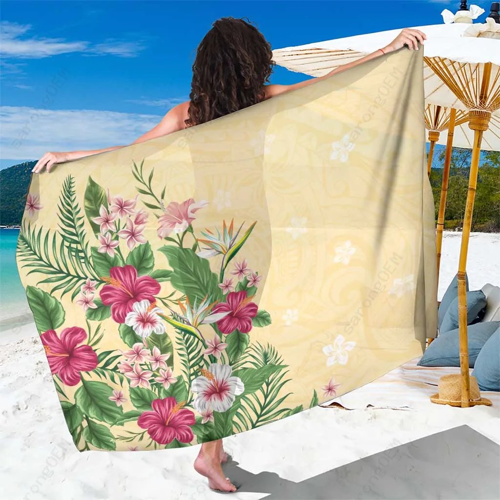 Cream White Tropical Hibiscus Palm Polynesian Tattoo Print Sarong Beach Wrap Wholesale Pareo - main view