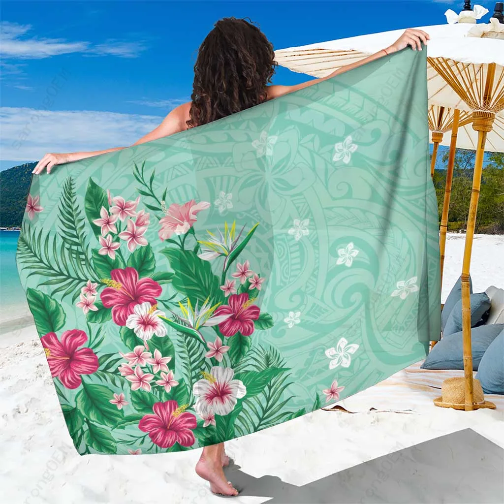 Mint Green Hawaii Tropical Flowers Polynesian Tattoo Print Sarong Beach Wrap Pareo Wholesale