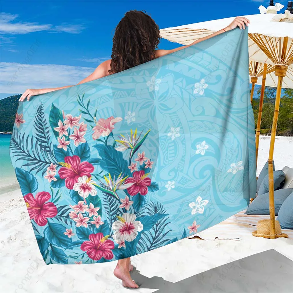 Sky Blue Tropical Flowers Polynesian Tattoo Sarong Hawaii Beach Wrap Wholesale Pareo - main view