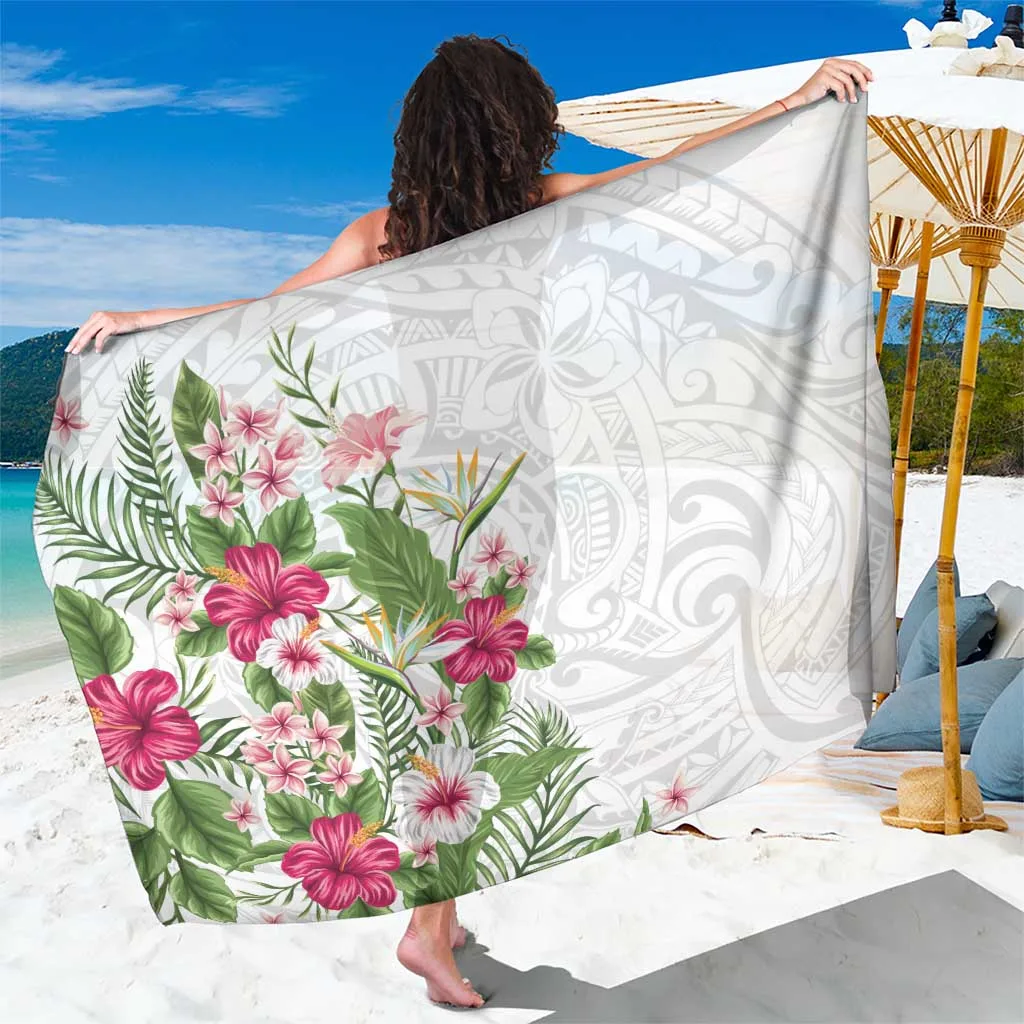 White Hawaii Tropical Flowers Polynesian Tattoo Print Sarong Beach Wrap Resort Cover Up Wholesale Pareo - main view