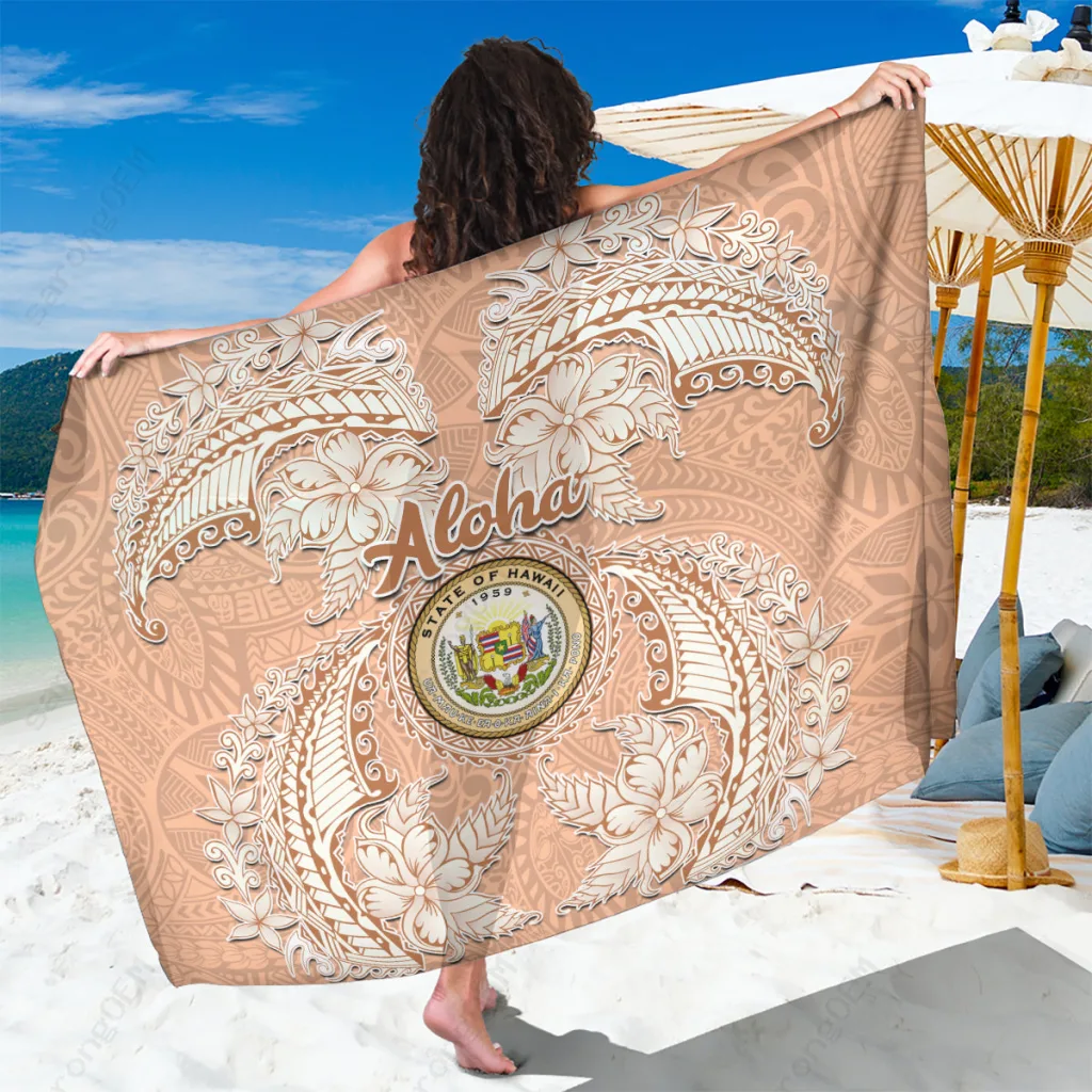 Peach Fuzz Hawaii Tropical Flowers Kakau Tribal Print Sarong Beach Wrap Pareo Wholesale - main view