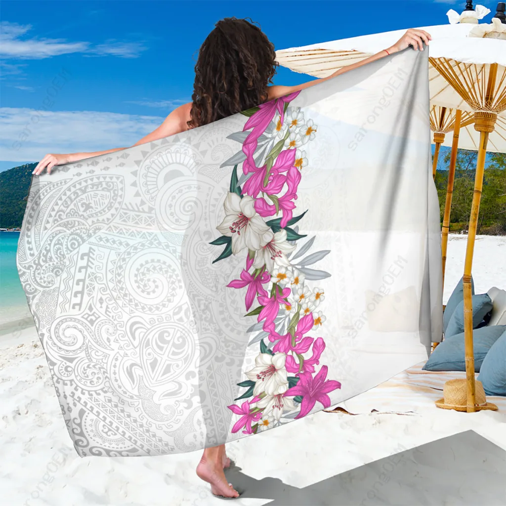 White Hawaii Tropical Leaves Floral Tribal Print Sarong Polynesian Beach Wrap Cover Up Wholesale Pareo