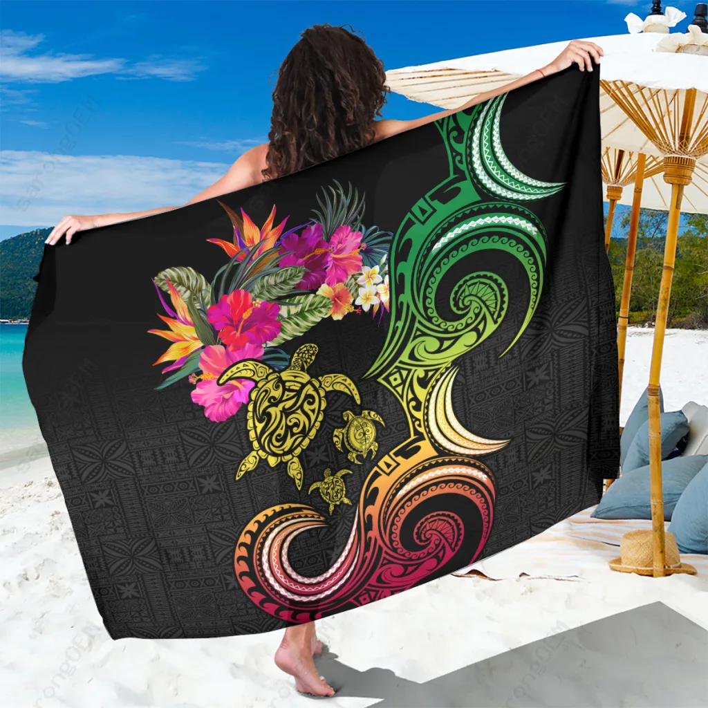 Navy Turtle & Hibiscus Polynesian Print Sarong Hawaii Beach Wrap Pareo Wholesale - main view