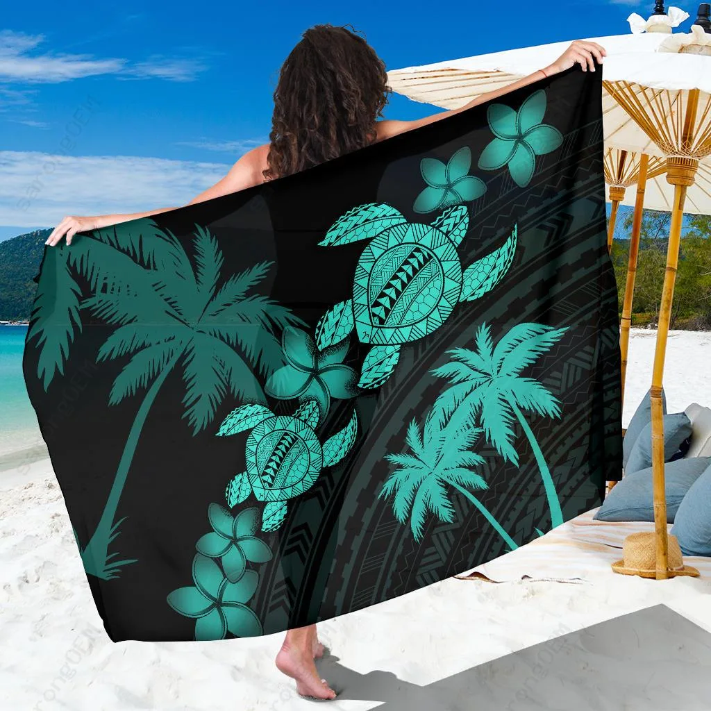 Turquoise Hawaii Turtle Plumeria Coconut Tree Print Sarong Polynesian Beach Wrap Wholesale Pareo - main view