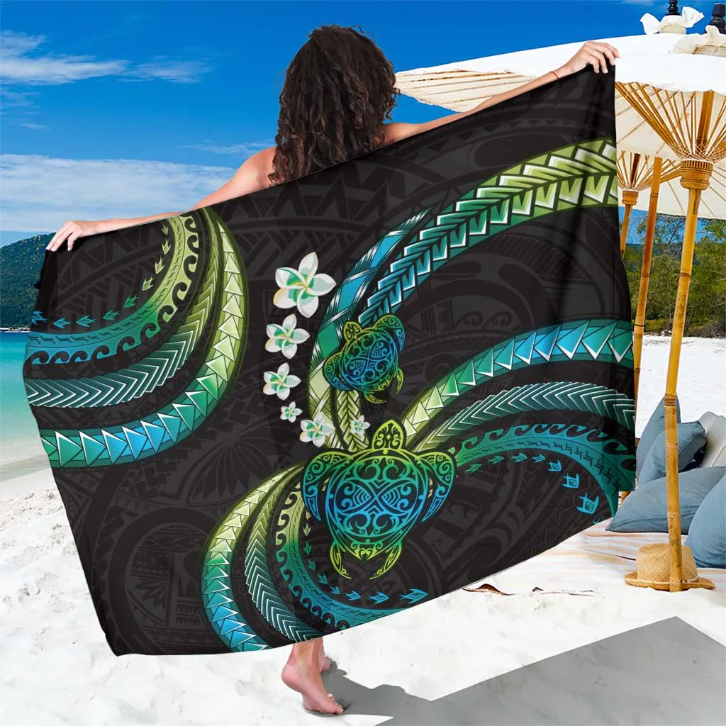 Hawaii Turtles Plumeria Sarong Chartreuse Cyan Polynesian Pattern - main view