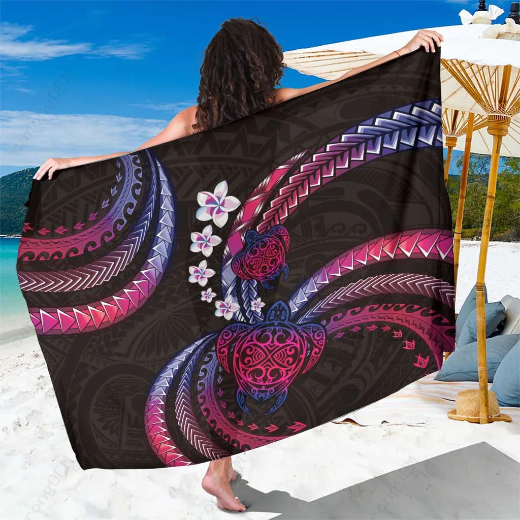 Blue Gradient Turtles Plumeria Hibiscus Print Sarong Polynesian Tropical Beach Wrap Wholesale Pareo - main view