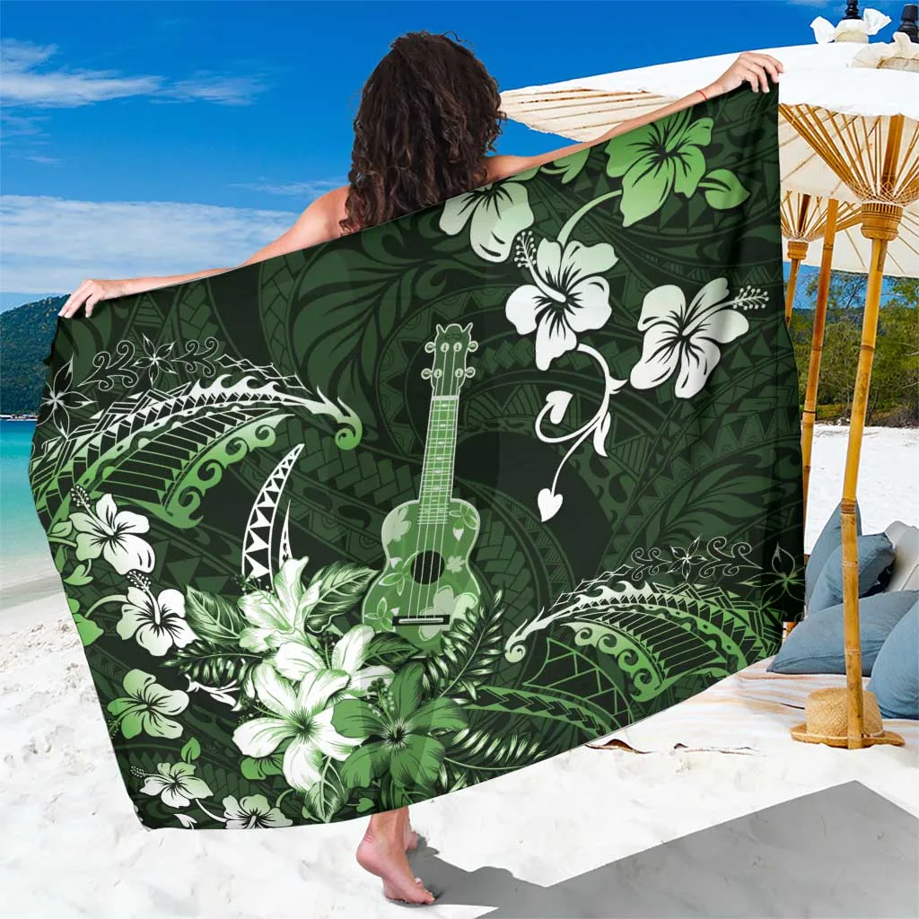 Green Hibiscus Polynesian Pattern Print Sarong Hawaii Ukulele Beach Wrap Cover Up Wholesale Pareo - main view