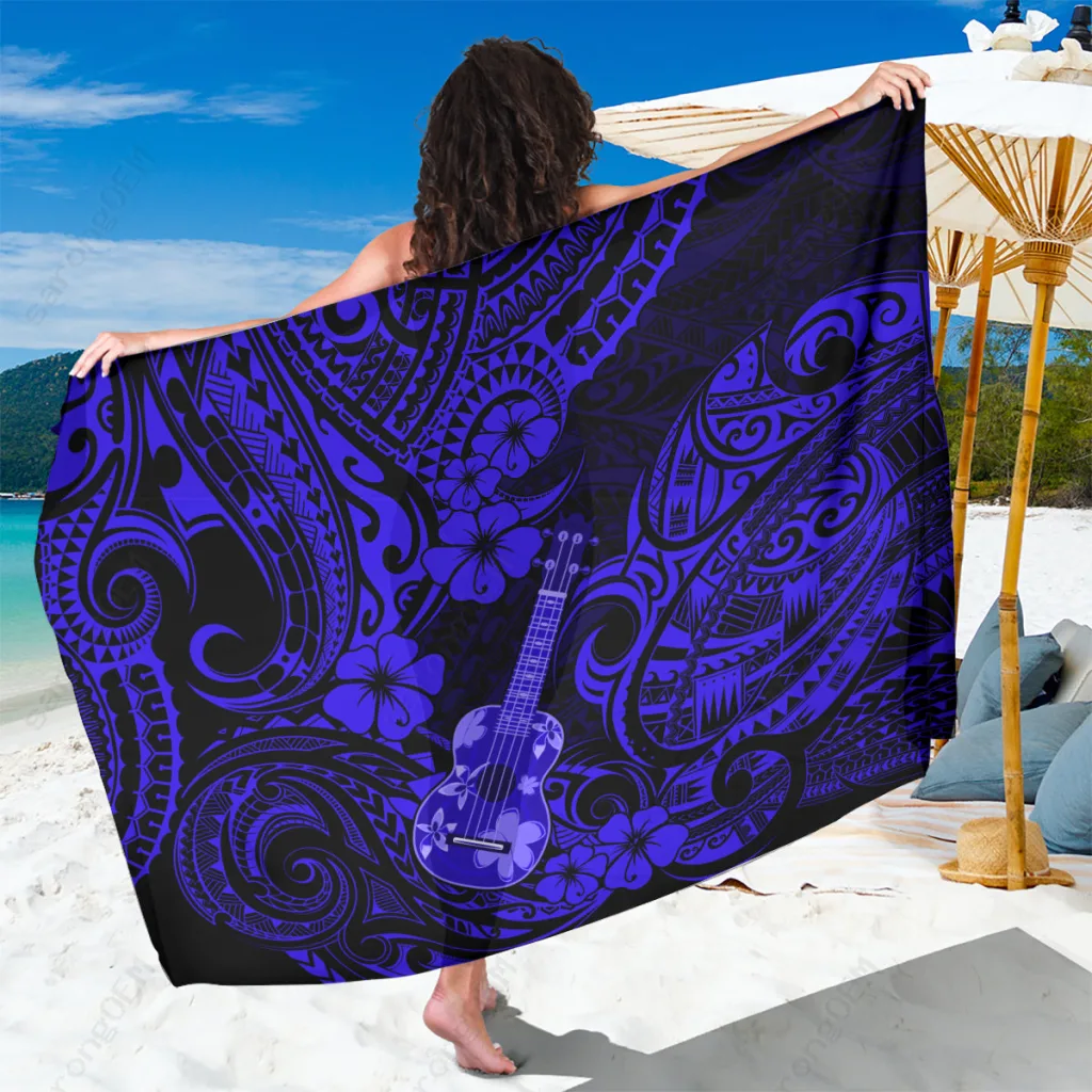 Navy Blue Polynesian Turtle Hibiscus Print Sarong Hawaiian Beach Wrap Pareo Wholesale