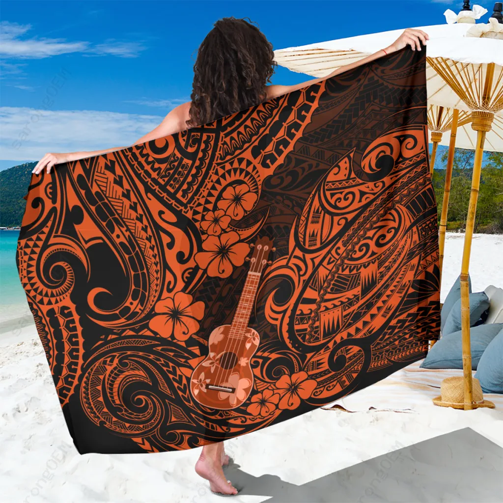 Orange Hawaii Ukulele Polynesian Pattern Print Sarong Beach Wrap Cover Up for Resort Hotel OEM Wholesale - main view