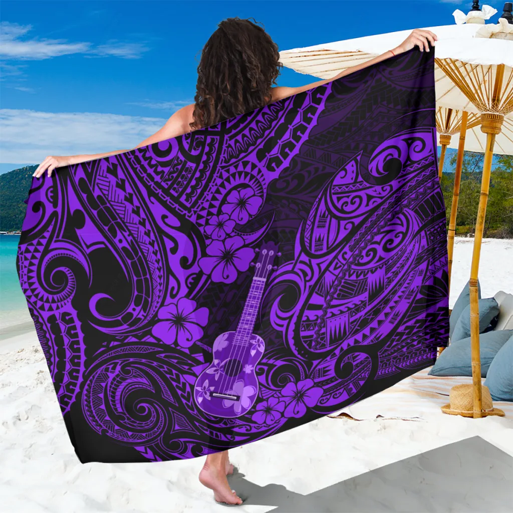 Purple Hawaii Ukulele Polynesian Pattern Print Sarong Beach Wrap for Resort Hotel Wholesale Pareo - main view