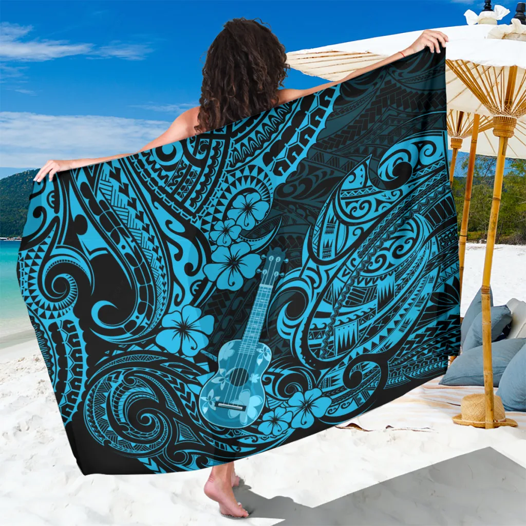 Sky Blue Hawaii Ukulele Polynesian Pattern Print Sarong Beach Wrap Tropical Resort Cover Up Wholesale Pareo - main view