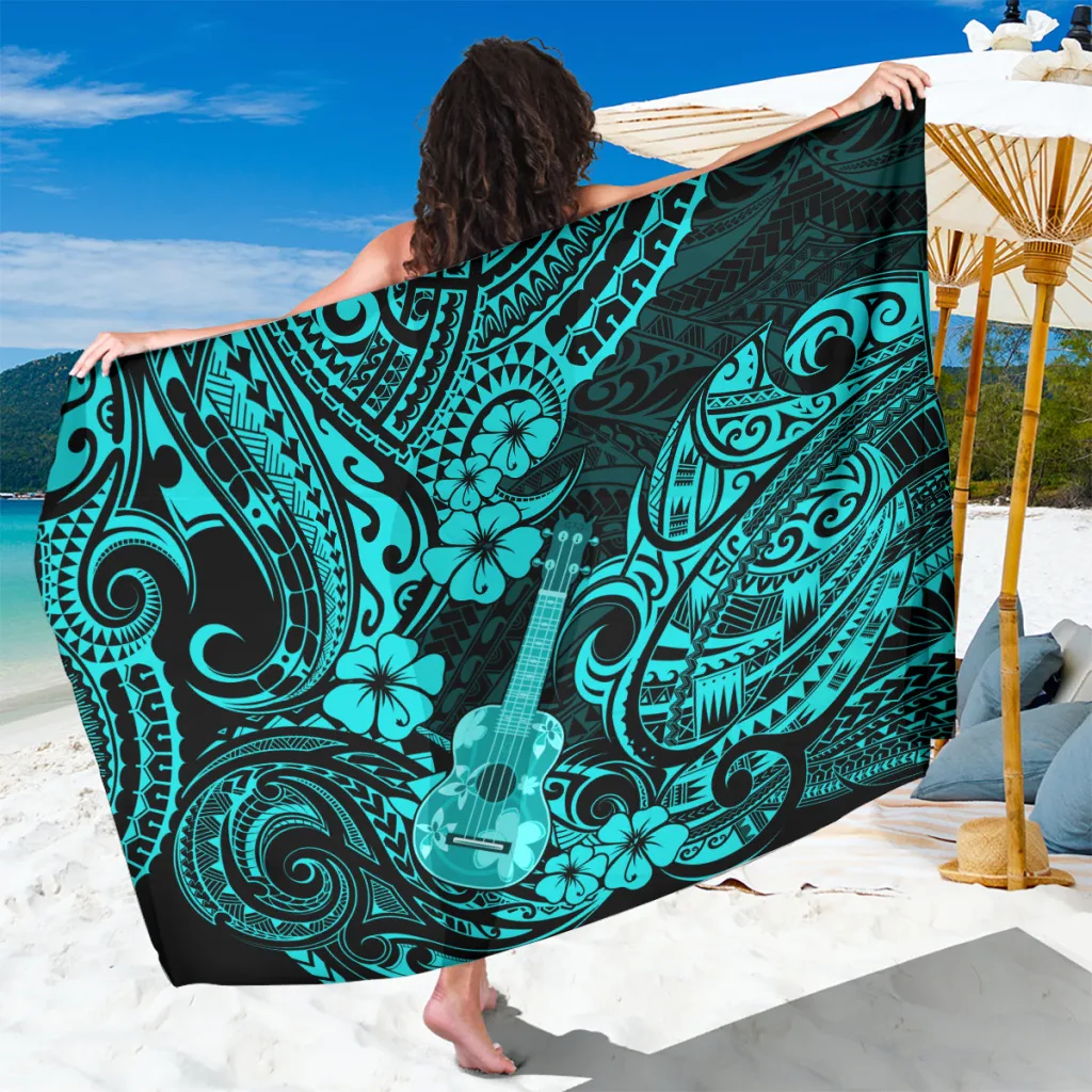 Hawaii Ukulele Sarong Polynesian Pattern Turquoise Version - main view