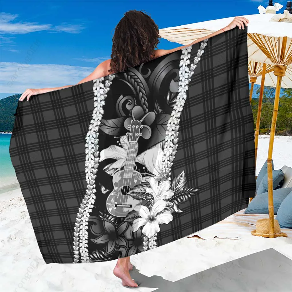 Black Hawaii Ukulele Tropical Flower Palm Print Sarong Beach Wrap Polynesian Island Cover Up Wholesale Pareo