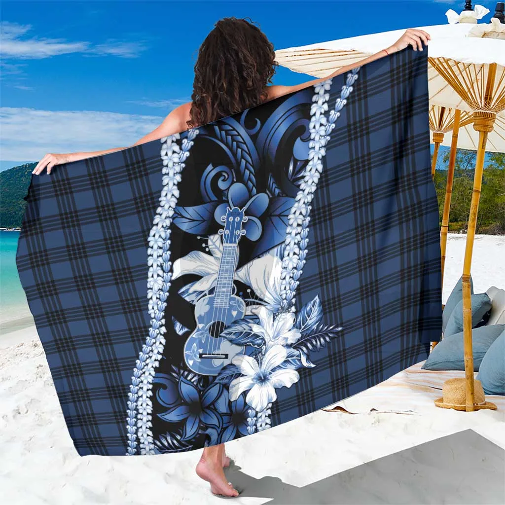 Blue Hawaii Ukulele Tropical Flowers Palaka Effect Sarong Beach Wrap Wholesale Pareo - main view