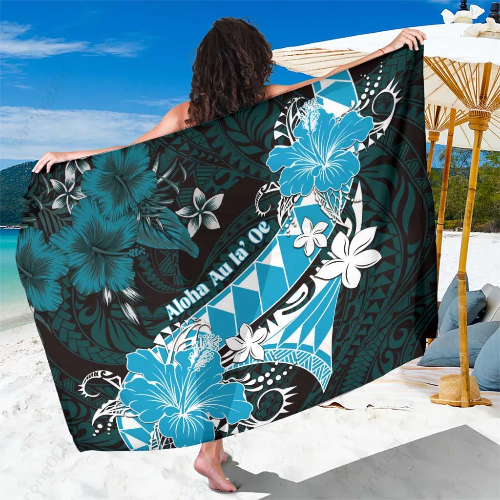 Turquoise Hibiscus Polynesian Tribal Print Sarong Hawaiian Beach Wrap Cover Up Pareo Wholesale - main view