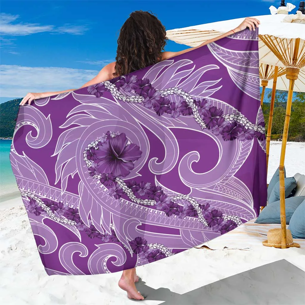 Purple Hawaii Violet Hibiscus Pikake Lei Floral Print Sarong Beach Wrap Cover Up Tropical Island Resort Wholesale Pareo - main view