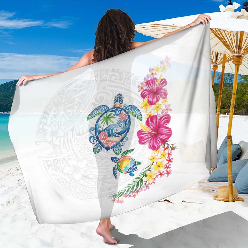 White Abstract Turtles Plumeria Hibiscus Print Sarong Hawaiian Tropical Beach Wrap Wholesale Pareo - main view