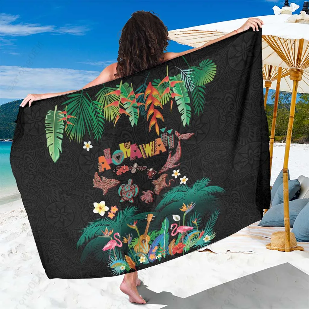 Navy Tribal Sea Turtle Hibiscus Tropical Plants Print Sarong Hawaiian Beach Wrap Pareo Wholesale - main view