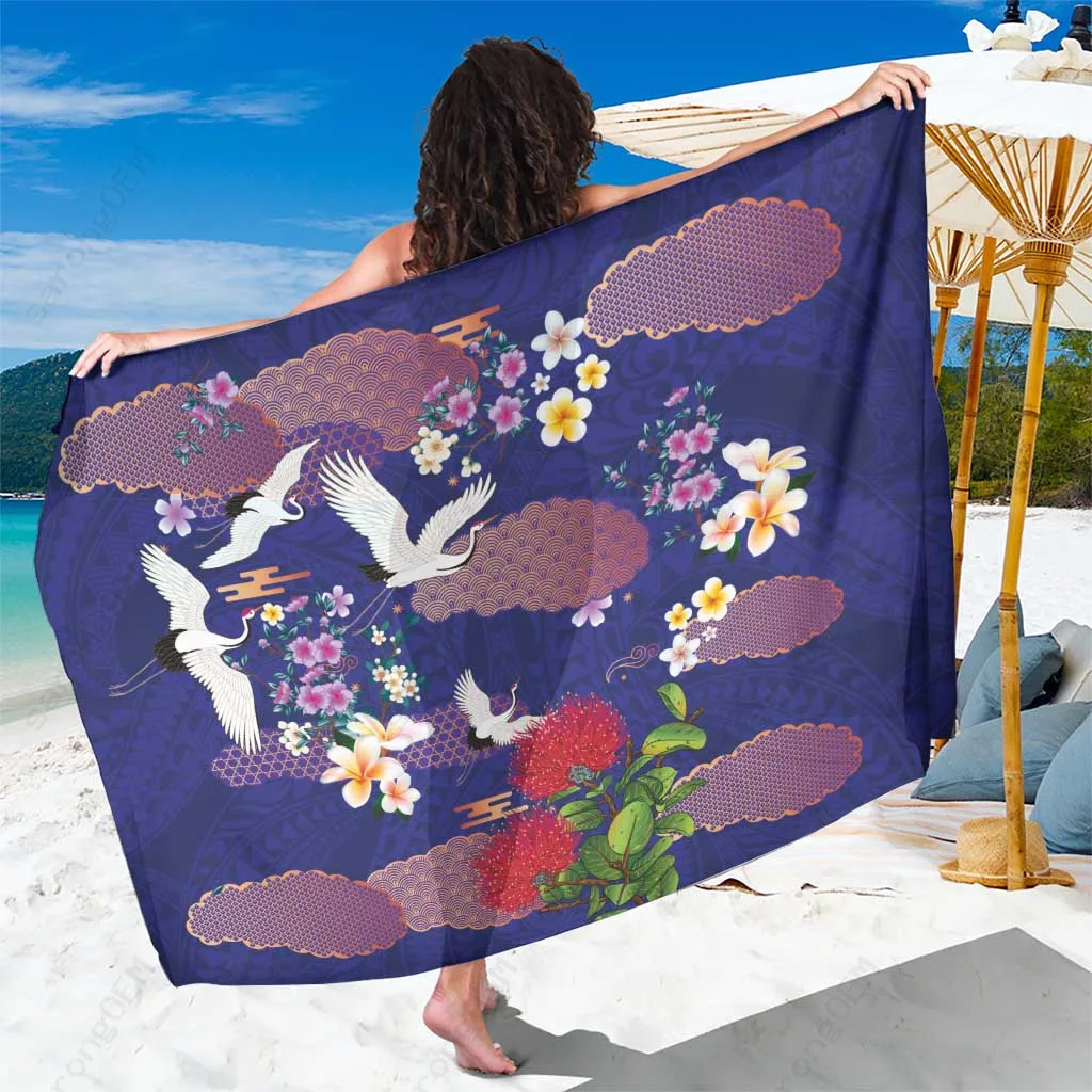 Blue Hawaiian Plumeria Sakura Floral Print Sarong Beach Wrap Tropical Island Cover Up Wholesale Pareo