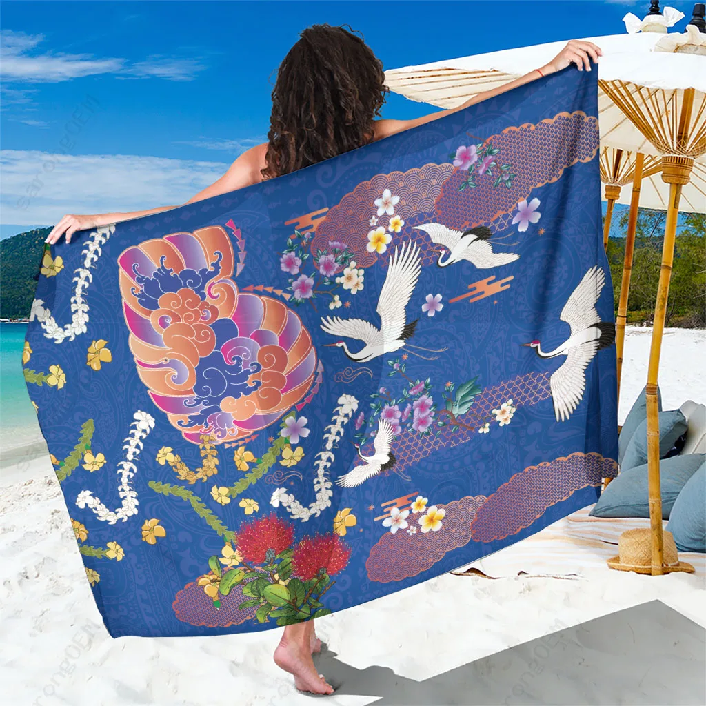 Blue Hawaiian Tribal Kakau & Irezumi Print Sarong Beach Wrap Polynesian Island Cover Up Wholesale Pareo - main view