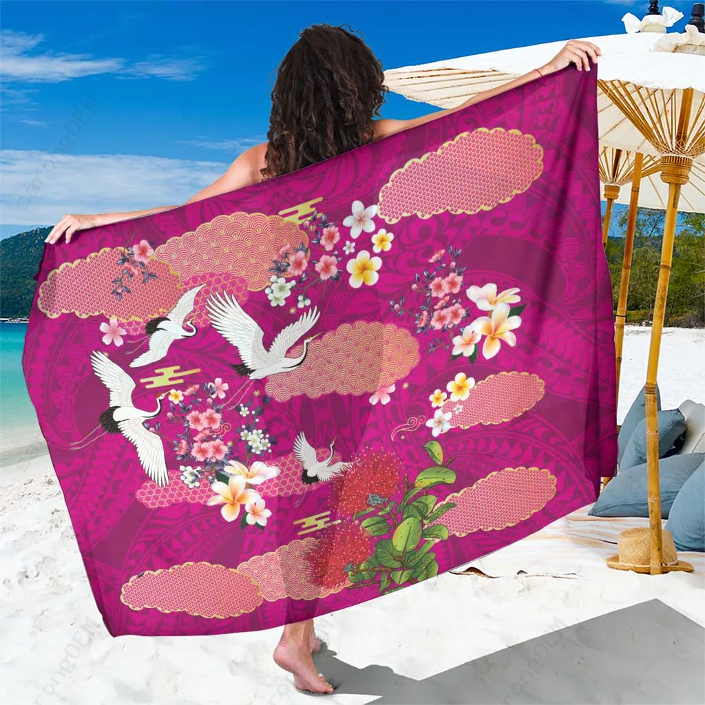 Pink Hawaiian Plumeria & Sakura Print Sarong Beach Wrap Polynesian Island Cover Up OEM Pareo