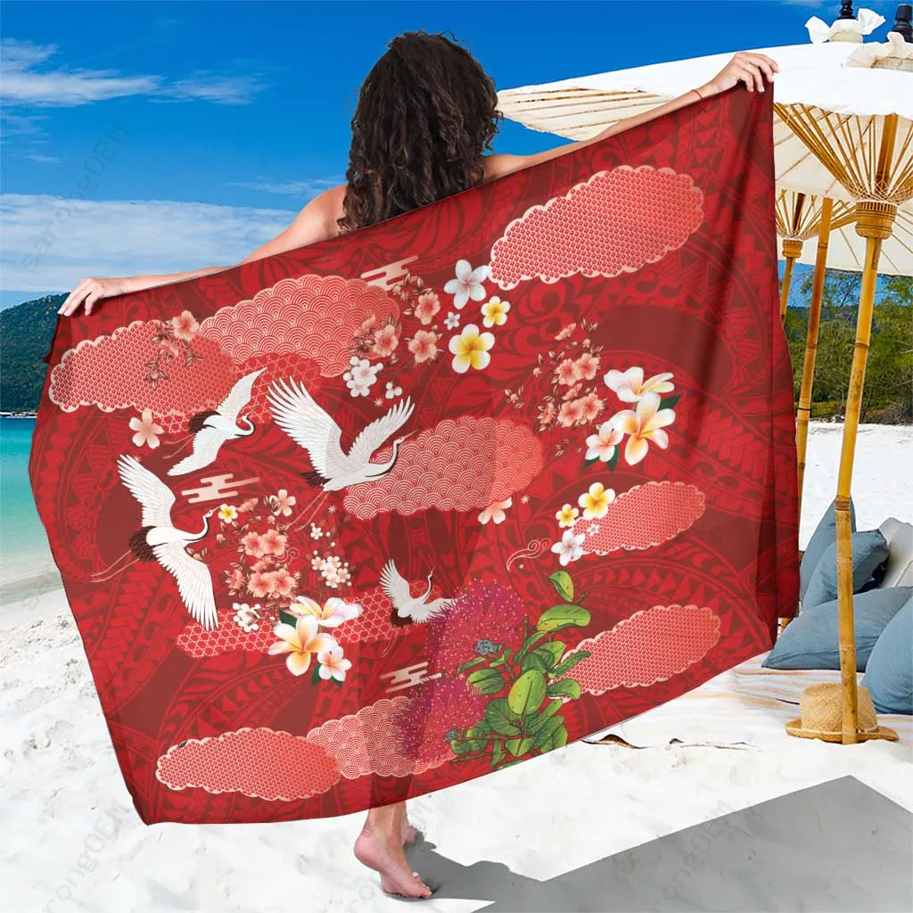 Red Hawaiian Ohia Lehua Plumeria & Sakura Print Sarong Polynesian Tropical Beach Wrap Pareo Wholesale