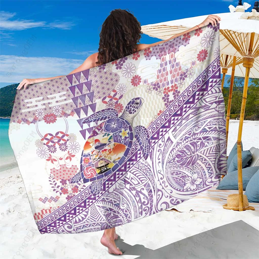 Purple Hawaiian Tropical Honu Turtle Hibiscus Print Sarong Beach Wrap Polynesian Island Cover Up Wholesale Pareo