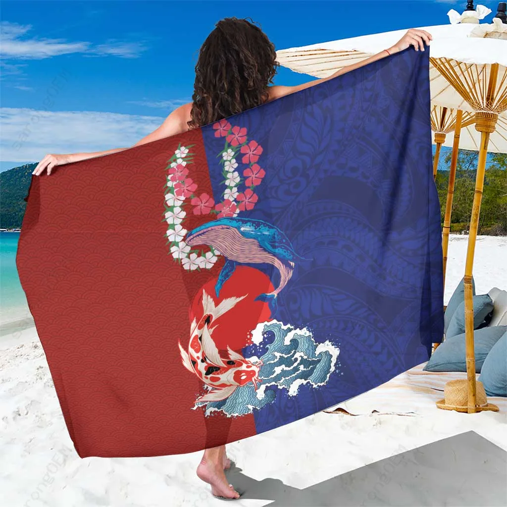 White Hawaiian Sarong with Whale, Koi Fish & Hinomaru Lei Print, Beach Cover Up Wrap Wholesale Pareo - main view