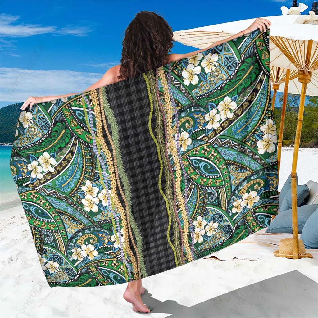 Black Hawaiian Art Flower Tribal Lei Sarong Palaka Pattern Rayon Beach Wrap Pareo for Resort Holiday OEM - main view