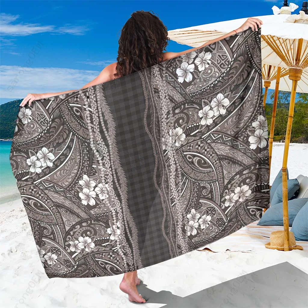 Gray Hawaiian Floral Tribal Lei Print Sarong Polynesian Beach Wrap Cover Up Pareo Wholesale