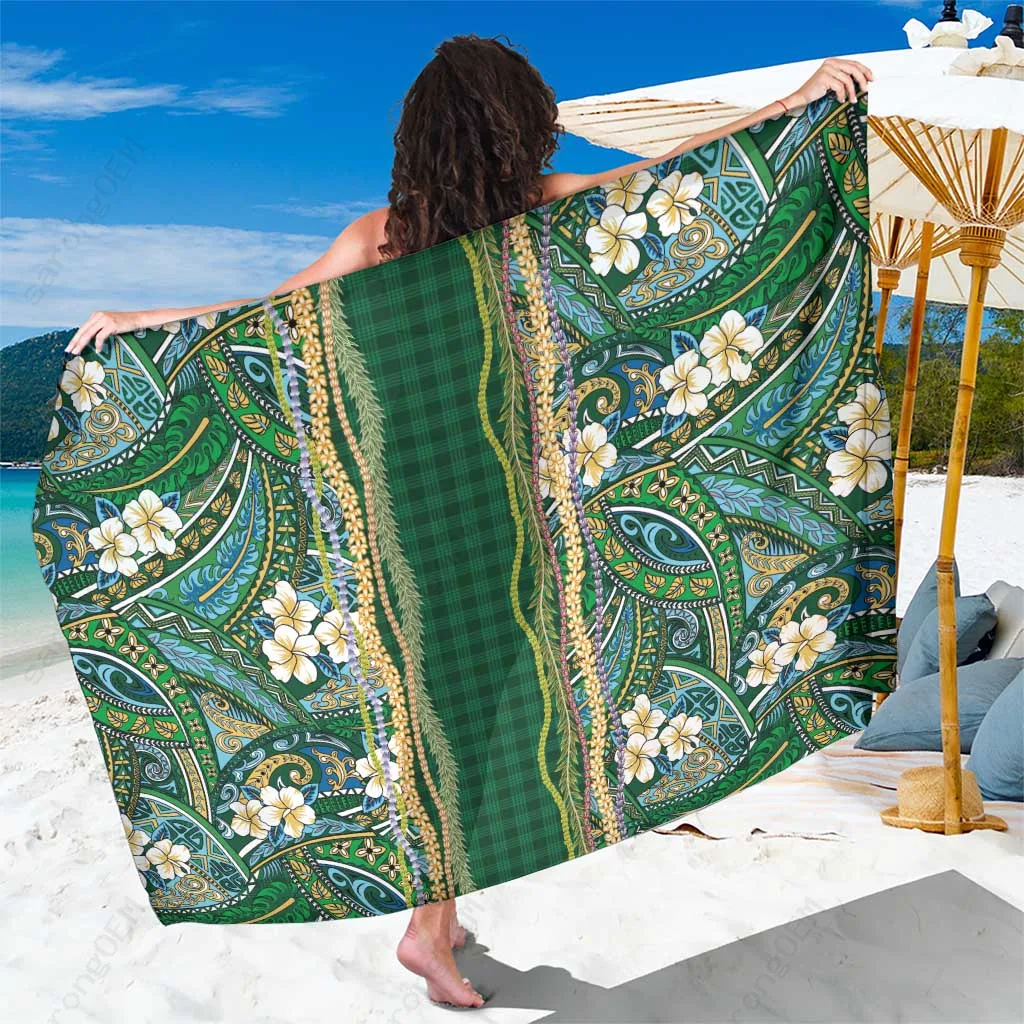 Green Hawaiian Art Flower Tribal With Lei Sarong Palaka Pattern Beach Wrap Pareo for Resort Vacation Wholesale - main view