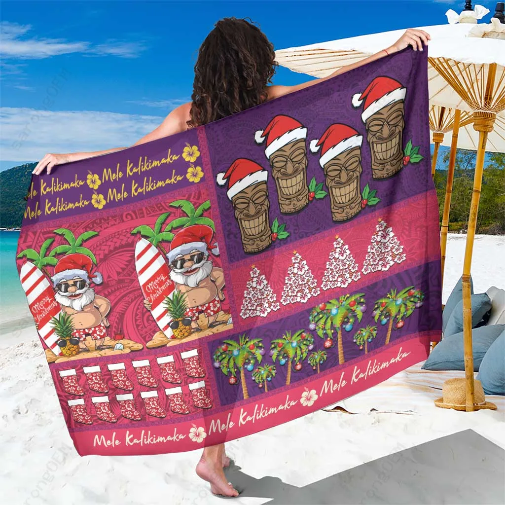 Pink Hawaiian Christmas Sarong with Snowflake and Tropical Print Mele Kalikimaka Island Holiday Vibes Beach Wrap Pareo Wholesale - main view