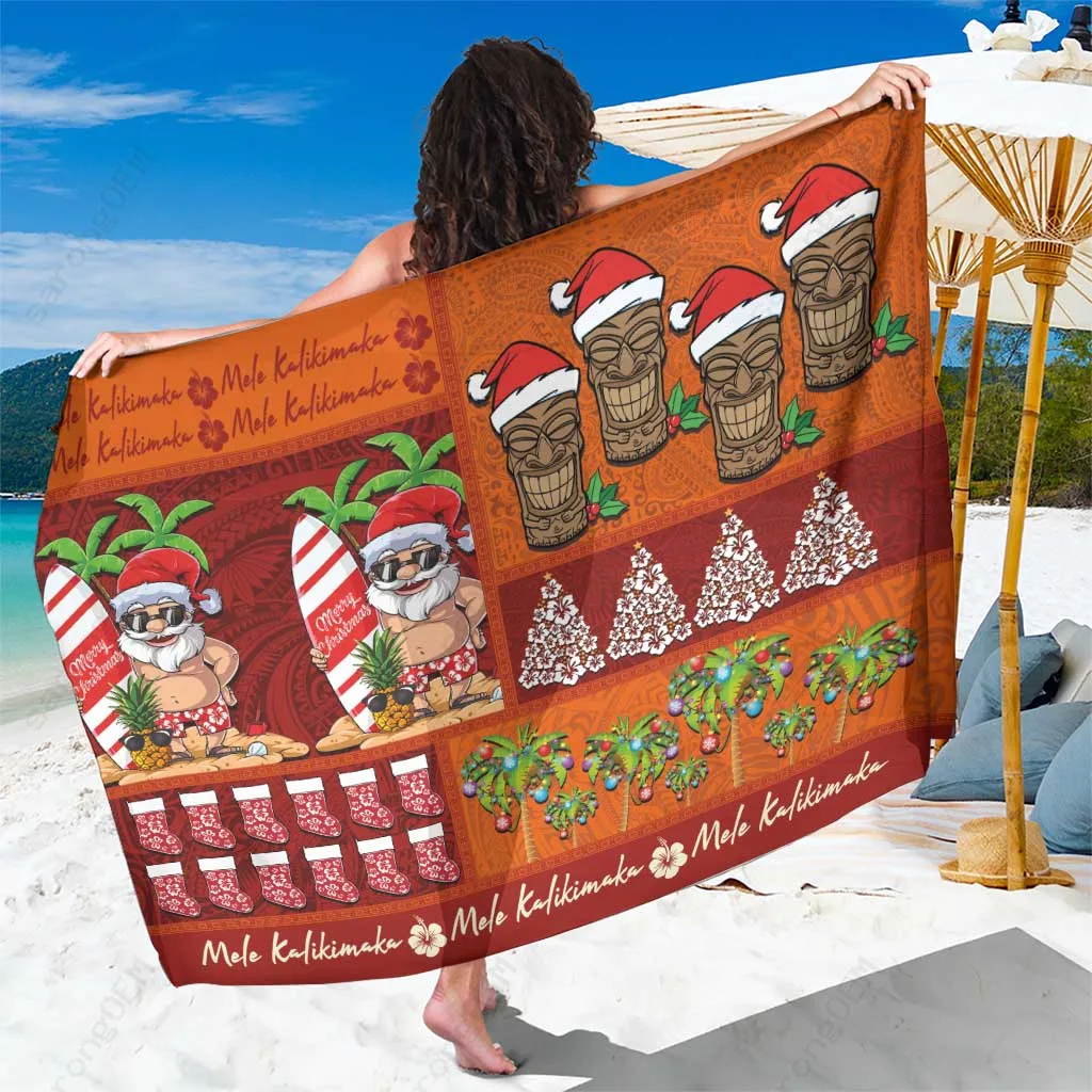 Red Hawaiian Christmas Sarong Mele Kalikimaka Tropical Floral Print Beach Wrap Pareo Wholesale - main view