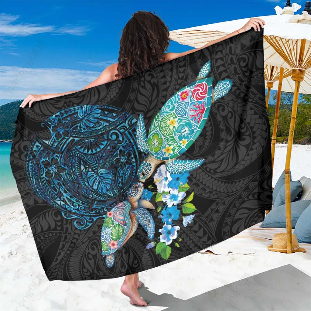 Blue Turtle Hibiscus Polynesian Print Sarong Hawaiian Beach Wrap Pareo Summer Island Cover Up Wholesale - main view