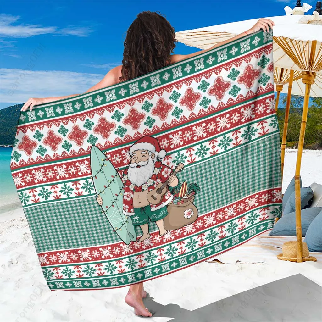 Red Hawaiian Funny Santa Surf Sarong Mele Kalikimaka Palaka Quilt Print Beach Wrap Wholesale Pareo - main view