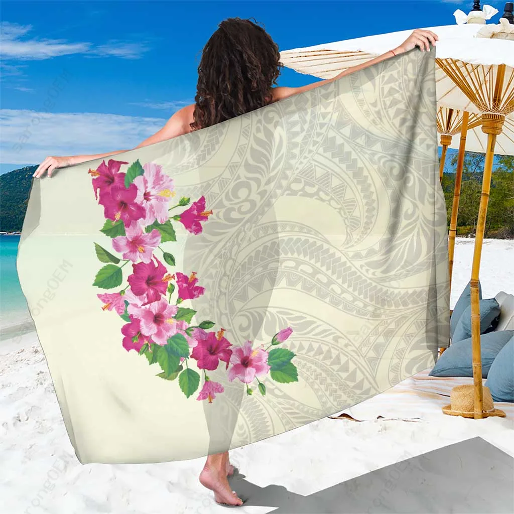 Beige Hibiscus & Polynesian Tattoo Print Sarong Hawaiian Tropical Beach Wrap Dress Wholesale Pareo - main view