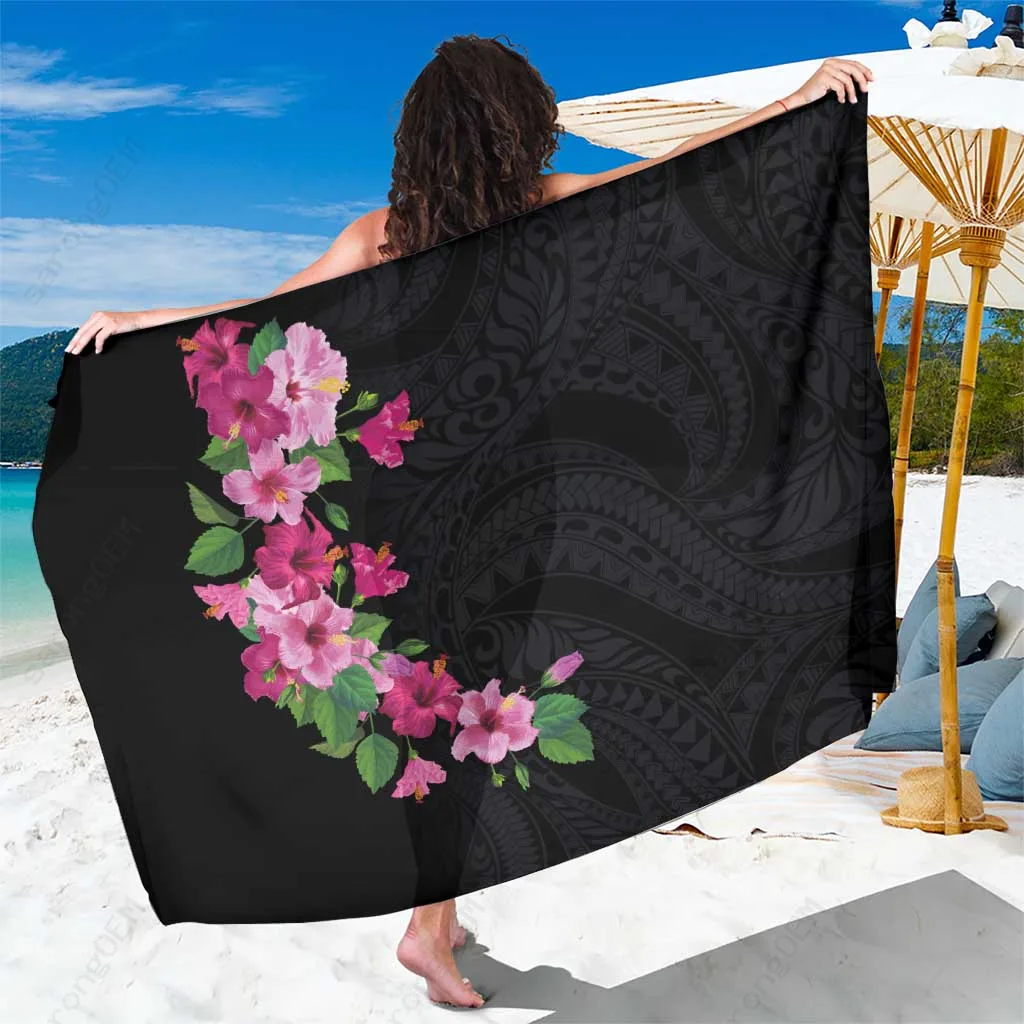 Black Hibiscus Polynesian Tattoo Print Sarong Hawaiian Beach Wrap Cover Up Wholesale Pareo - main view