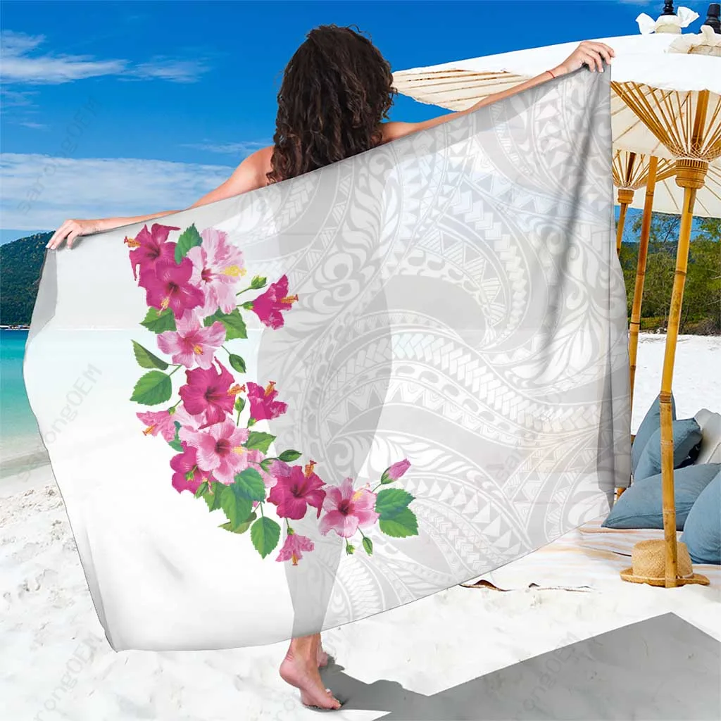 White Hawaiian Hibiscus & Polynesian Tattoo Print Sarong Beach Wrap Cover Up Rayon Pareo Wholesale - main view