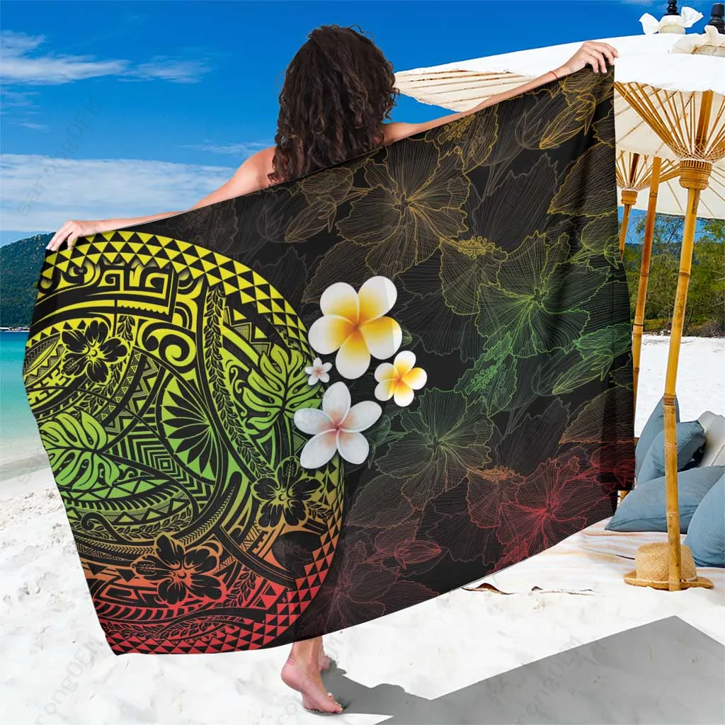Red Yellow Blue Green Hawaiian Hibiscus Plumeria Tribal Tattoo Print Sarong Polynesian Beach Wrap Wholesale Pareo - main view