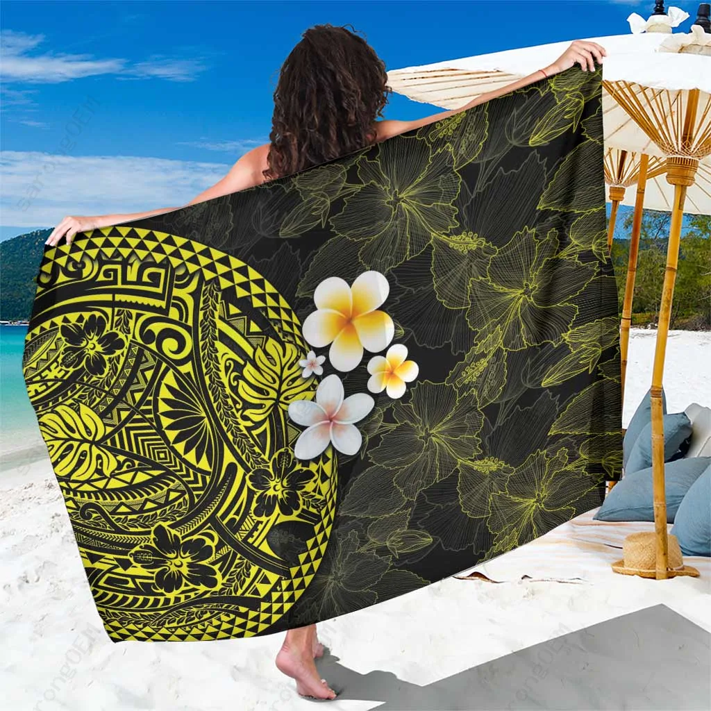 Yellow Hibiscus & Plumeria Tribal Tattoo Sarong Polynesian Beach Wrap Wholesale Pareo - main view
