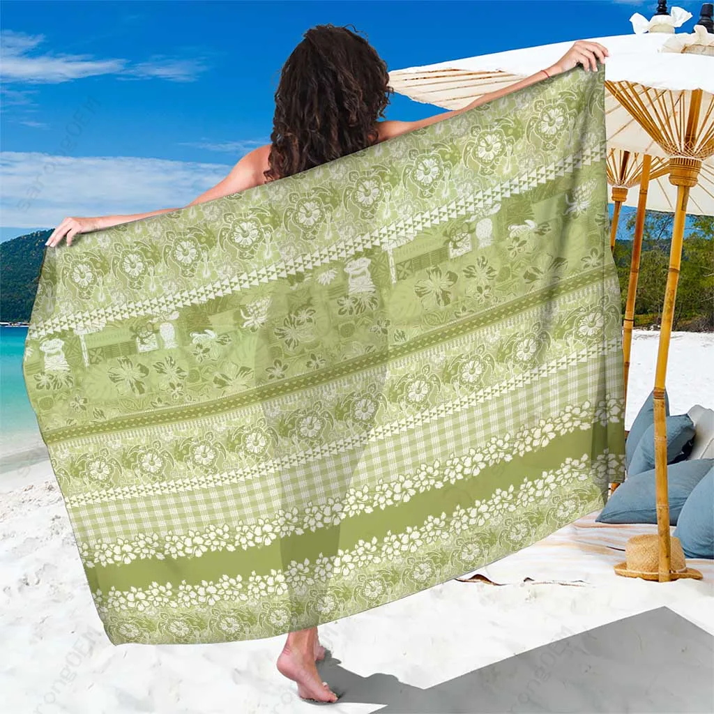 Sage Green Hawaiian Hibiscus Honu Turtle Print Sarong Beach Wrap Polynesian Resort Cover Up Wholesale Pareo - main view