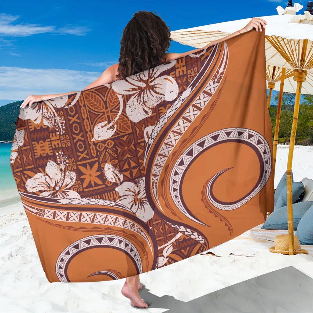 Cream White Hawaiian Hibiscus Tribal Vintage Motif Print Sarong Beach Wrap for Resort Hotel Poolside Wholesale Pareo - main view