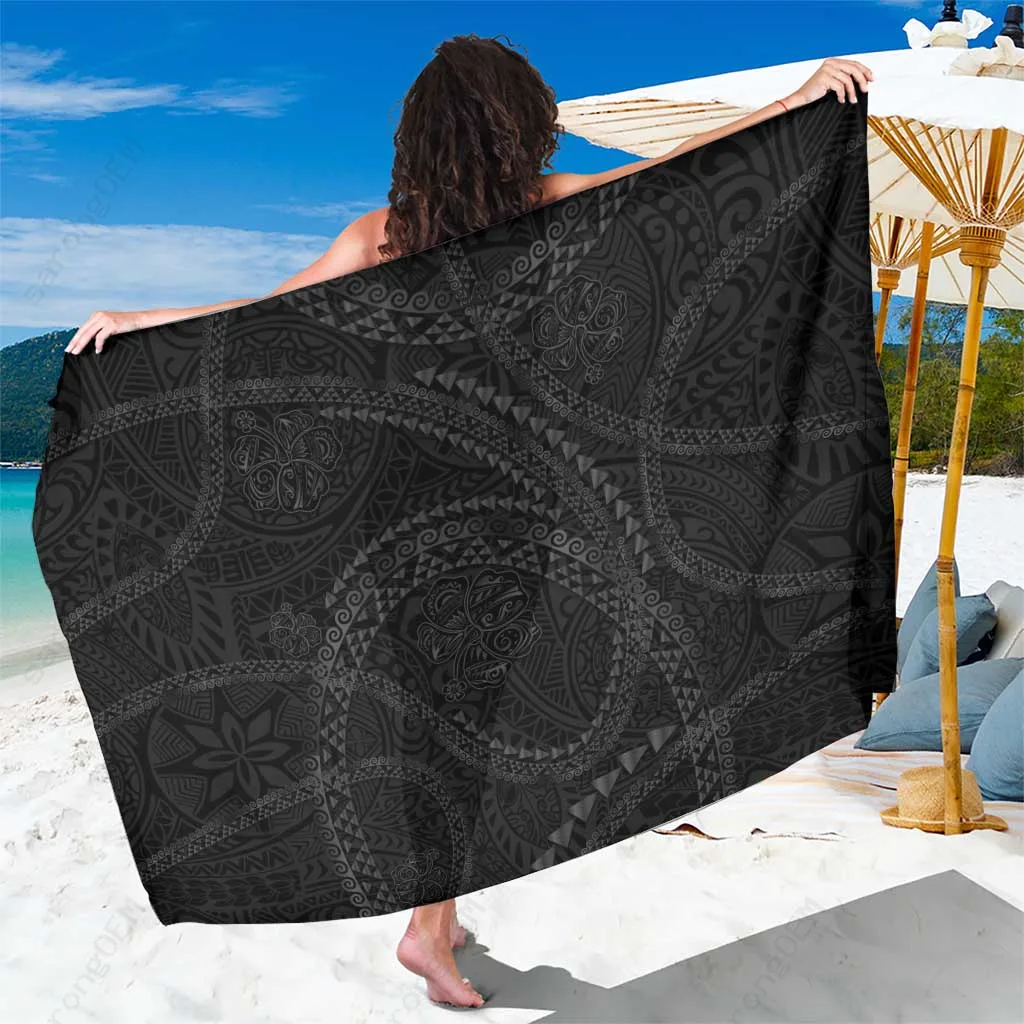 Black Gradient Tribal Kakau Art Hibiscus Print Sarong Hawaiian Beach Wrap Pareo for Resort Wholesale - main view
