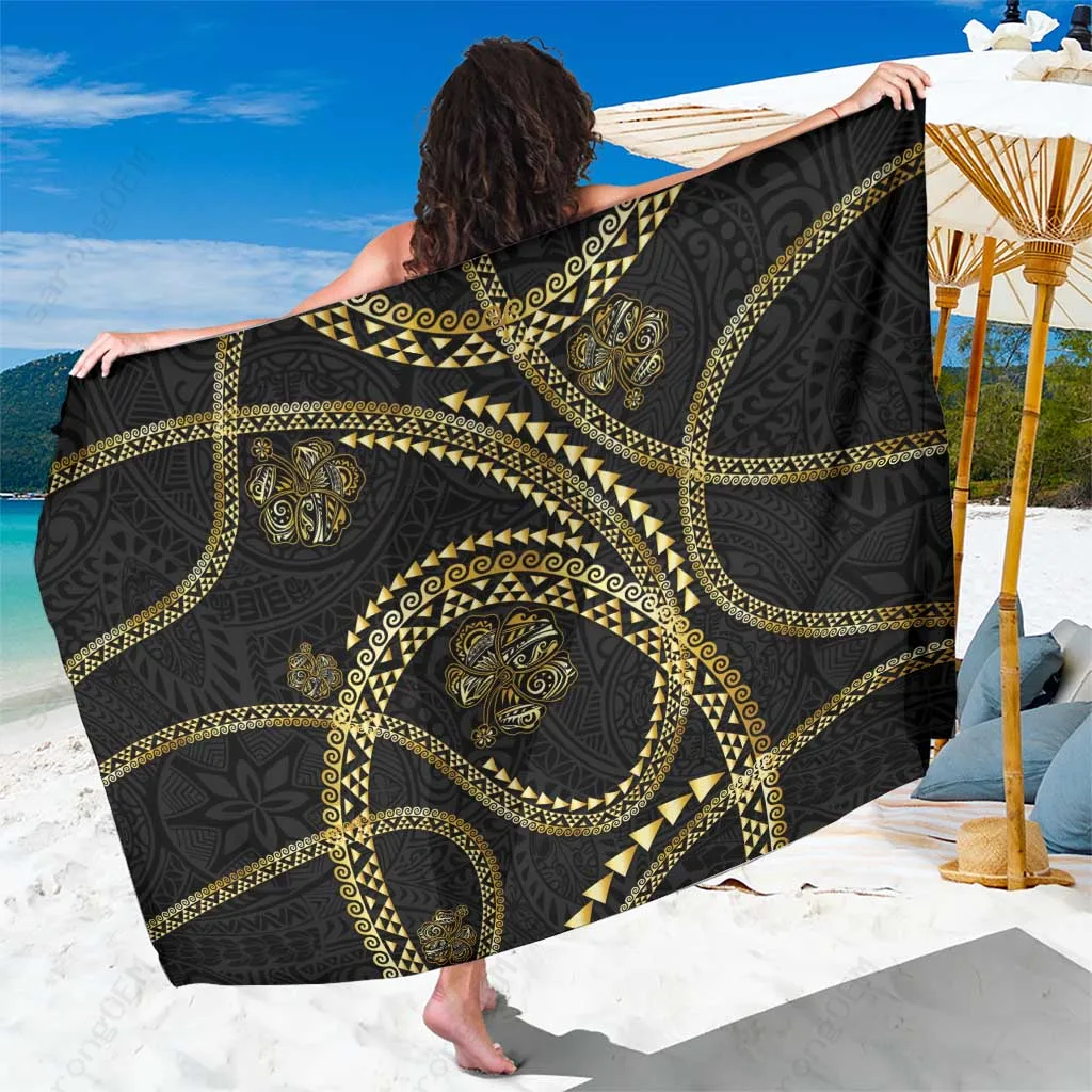 Gold Hawaiian Kakau Tribal Hibiscus Mandala Print Sarong Polynesian Beach Wrap Wholesale Pareo - main view
