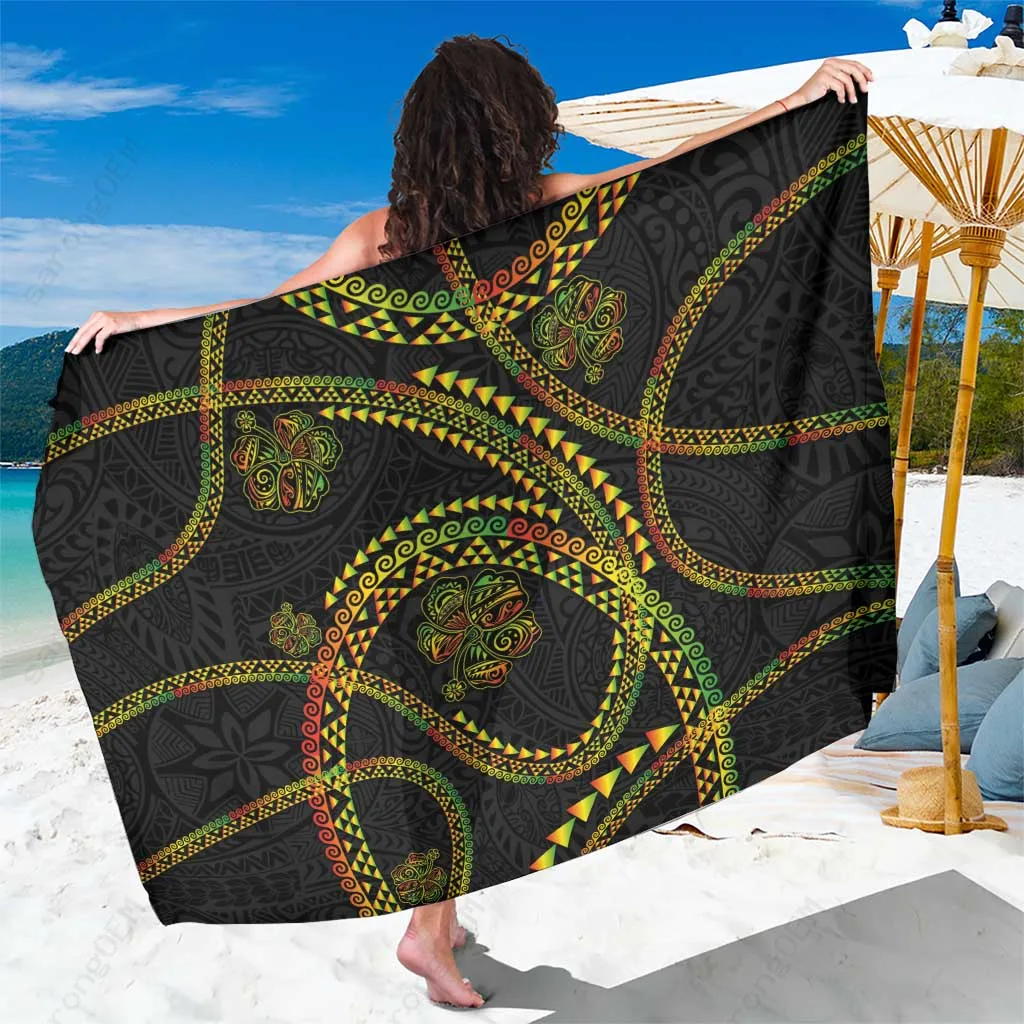 Black Hawaiian Kakau Art & Hibiscus Tattoo Sarong Tribal Pattern Reggae Style Beach Wrap Pareo for Resort Wholesale - main view
