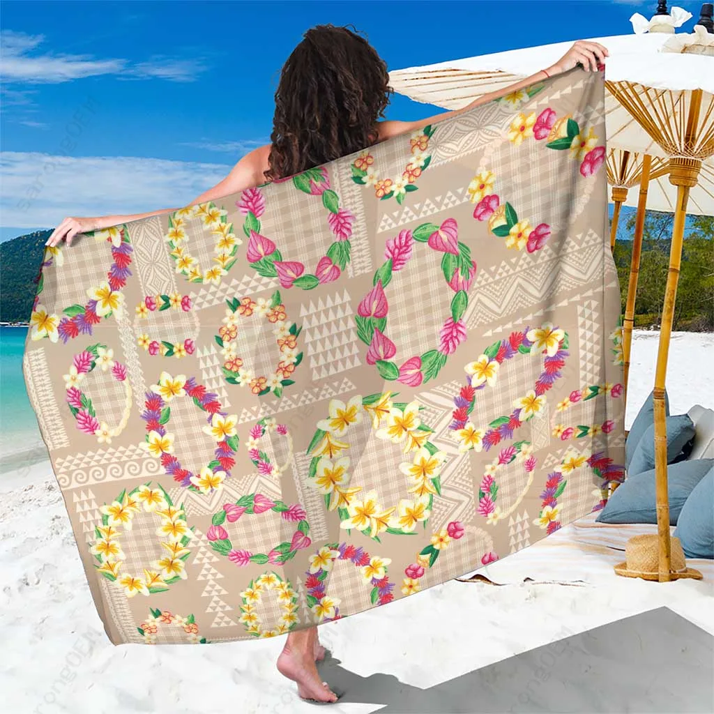 Beige Hawaiian Kakau Tattoo Tribal Pattern Sarong Polynesian Beach Wrap Pareo Cover Up Wholesale - main view