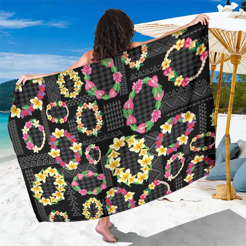 Black Hawaiian Kakau Tattoo Leis & Palaka Pattern Sarong Tribal Aloha Beach Wrap Wholesale Pareo - main view